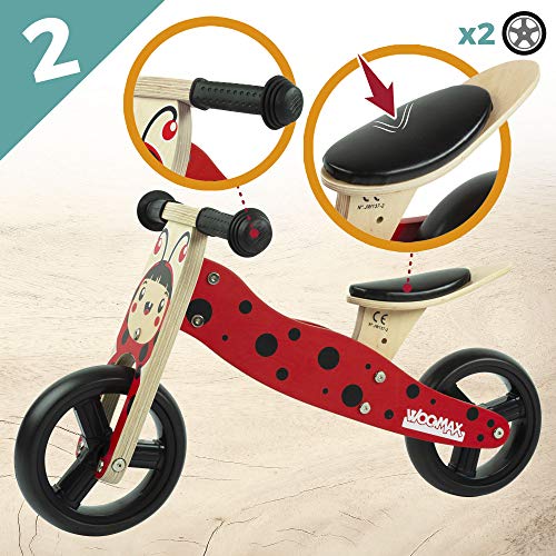 WOOMAX - Triciclo 2 en 1 sin pedales bebé 1 año, madera, 59 x 34 x 38 cm