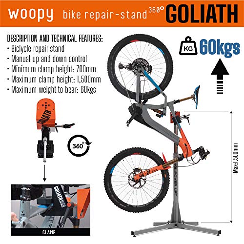 WOOPY Goliath G2 Soporte Bicicletas Suelo, Soporte Caballete Reparación Bicicletas, Altura Ajustable, Portátil para Mantenimiento Bicicletas, Uso Interior o Exterior, Carga Máxima 60 kg