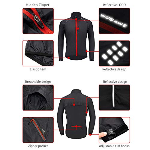 WOSAWE Chaqueta de ciclismo para correr impermeable y reflectante para hombre, cortavientos ligera, chaqueta de ciclismo a prueba de viento (negro M)