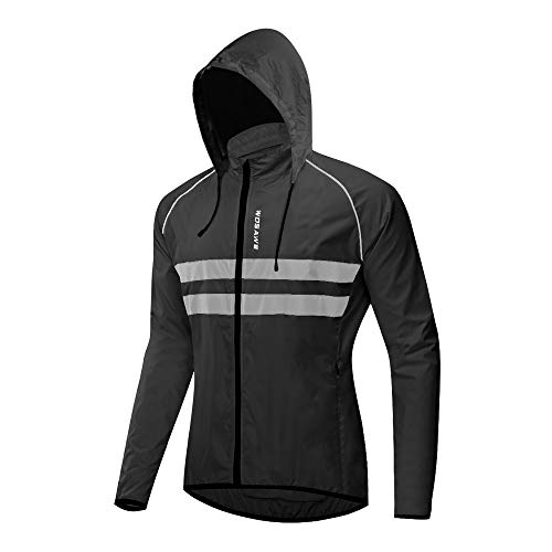 WOSAWE Chaquetas con Capucha Hombres Ciclismo Ligero Impermeable Motocicleta Viento Reflectante Abrigo Correr Montañismo Ropa Deportiva(225 Negro XL)