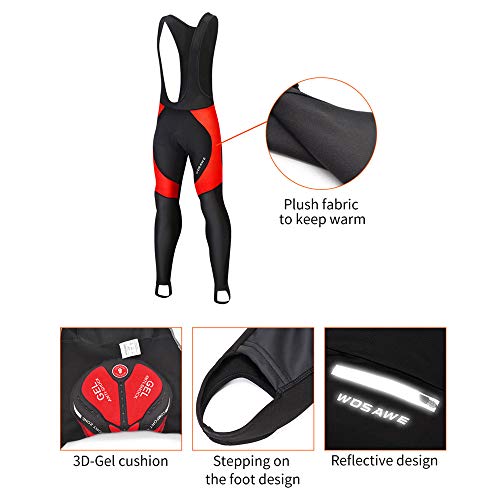 WOSAWE Hombres Ciclismo Pantalones Largos, Culote Térmico Bicicleta Legging con Tirantes y Badana Gel de Ciclistas (Negro con Rojo L)