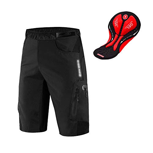 WOSAWE Pantalones Cortos de Ciclismo para Hombre Transpirable Gel 3D Acolchada Sueltos MTB Ropa Interior Pantalones (Negro L)