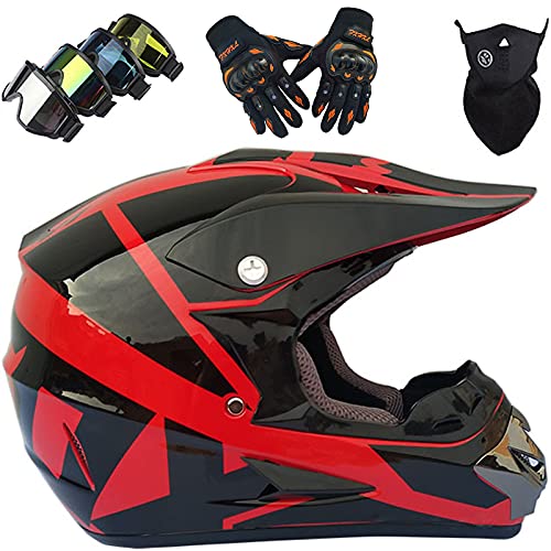 WVW Casco Moto Infantil, Casco Motocross Niño 5~12 Años con Diseño Fox Casco Cross Integral para Descenso Enduro MTB Quad BMX Bicicleta - ECE Homologado - TGF-01 - Negro Rojo,S