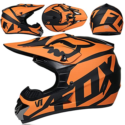 WVW Cascos Infantiles Moto, Casco Motocross Niño 5~12 Años - ECE Homologado (Gafas Guantes Máscara) Casco Integral Adulto para MTB Descenso Enduro Quad Bicicleta - con Diseño Fox - Naranja Negro,M