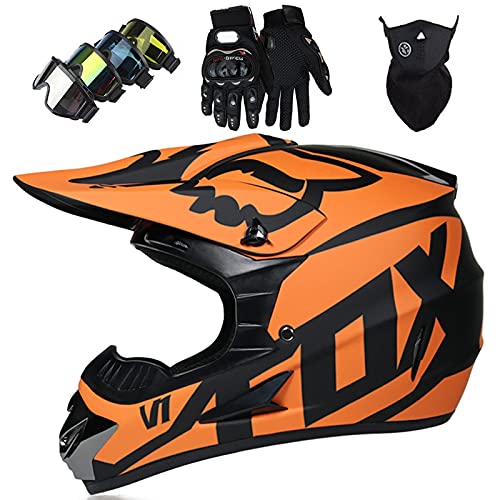 WVW Cascos Infantiles Moto, Casco Motocross Niño 5~12 Años - ECE Homologado (Gafas Guantes Máscara) Casco Integral Adulto para MTB Descenso Enduro Quad Bicicleta - con Diseño Fox - Naranja Negro,M