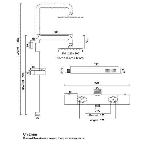WXDL Termostatica Sistema de Ducha de Lluvia Ducha de Lluvia con Ducha de Lluvia y Ducha de Mano Conjunto de Ducha Altura Regulable Columna de Ducha Negro Set de Ducha,12 Inches
