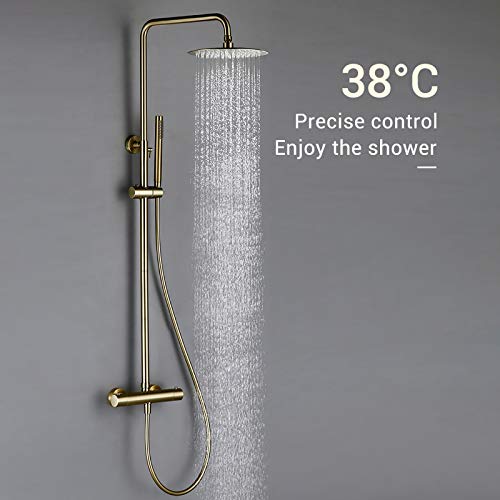 WXDL Termostatica Sistema de Ducha de Lluvia Monomando Ducha de Lluvia con Ducha de Lluvia y Ducha de Mano Conjunto de Ducha Altura Regulable Columna de Ducha Oro Cepillado Set de Ducha,8 Inches