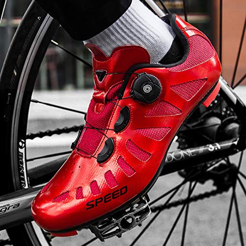 WYUKN Hombre Bicicleta De Carretera Calzado De Ciclismo,Zapatillas De Montaña con Bloqueo De Doble Uso Ultraligero Impermeable,Red-45EU=(275mm)/9UK/10US