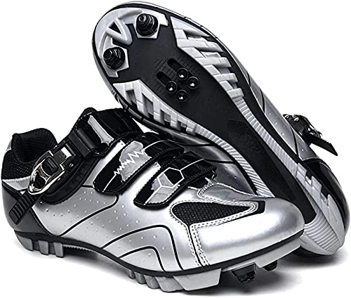 WYUKN Zapatillas de Ciclismo MTB SPD para Hombres y Mujeres, Ideales para Bicicletas de Montaña, Bicicletas de Ciclocross XC Incluidas,Silver-EU43