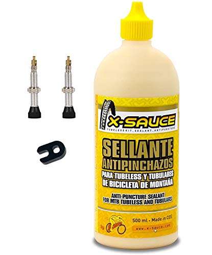 X-Sauce Kit Sellante Anti Pinchazos para Tubeless, Amarillo, 500ml +2 Válvulas Finas con Adaptador, Negro, Talla Única