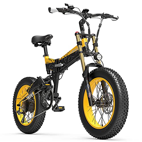 X3000plus-UP Bicicleta eléctrica Plegable para Hombres y Mujeres, Bicicleta montaña 20 Pulgadas, Horquilla Delantera con amortiguadores neumáticos (Yellow, 14.5Ah)