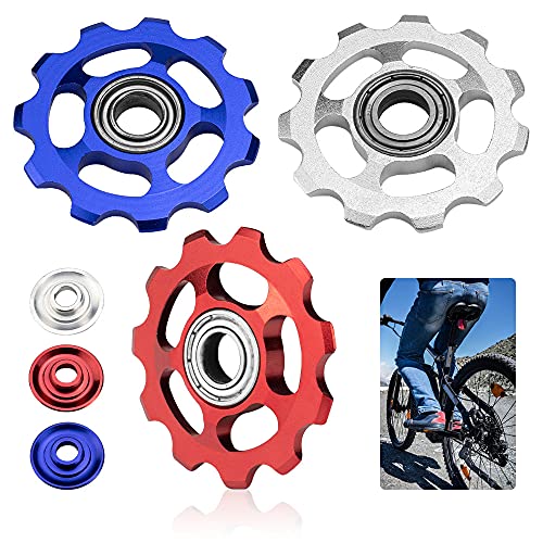 XAVSWDE 3 uds Roldanas de Cambio Trasero 11 Dientes Ruedas de Cambio MTB Roldanas de Aleación de Aluminio Roldanas de Tensión con Agujeros Roldanas para Bicicletas de Montaña(Azul, Rojo y Plateado)