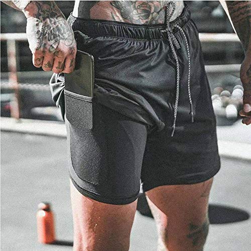 XDSP Pantalón Corto para Hombre,Pantalones Cortos Deportivos para Correr 2 en 1 con Compresión Interna y Bolsillo para Hombres (Black, L, l)