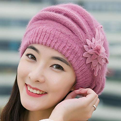 XKUN Gorro de Punto Moda para Mujer Beanie Cálido Otoño Flor Tejido Ganchillo Gorro Gorro Invierno Tapa Caliente-C,One Size