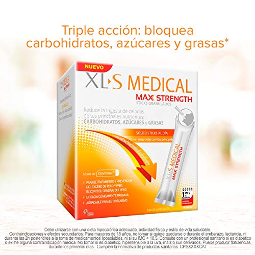 XL-S MEDICAL MAX STRENGTH TRIPLE ACTION - Bloqueador de la absorción de carbohidratos, azúcares y grasas. 60 sticks. Tratamiento de 1 mes