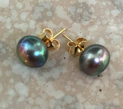 XTR 14k Charming a Pair of 9-10mm Tahitian Black Green Pearl Earring