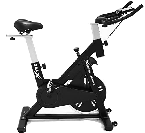 XTREM MAKER Bicicleta Spinning Estática de Fitness XBIKE PLUS con Pantalla LCD, Asiento y Sillín Ajustables. Silenciosa, Resistencia Regulable. Volante Inercia 16 kg, Soporte Móvil y Tableta