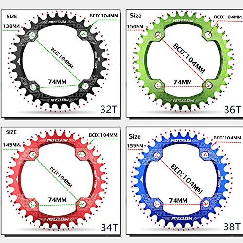 YBEKI Plato de Bicicleta 32T 34T 36T 38T 40T 42T 44T 46T 48T 50T 52T Plato 104BCD Redondo Ovalado Estrecho Ancho Unico Monoplato para Bicicleta de Montaña Bicicleta de Carretera (Redondo Rojo, 36T)