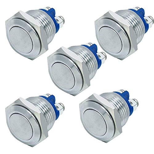 YGL 5 Piezas Momentáneo Pulsador de Botón Metálico Interruptores Acero Inoxidable Impermeable Plana Top ON/OFF Pulsador Plata,para 16 mm Agujero de Montaje