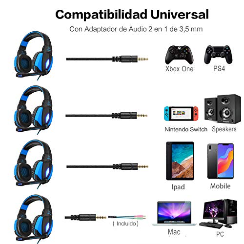 YINSAN Cascos Gaming, Auriculares Premium Stereo con Micrófono, Luz LED y Control Volumen, Diadema Acolchada y Ajustable para PS4/Xbox One X/S/PC/Laptop/Tablet