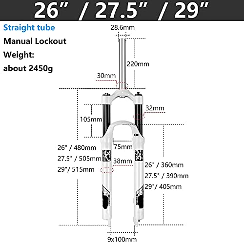 YLXD Horquilla de suspensión MTB de 26/27,5/29 Pulgadas, Horquilla Delantera de Bicicleta, Tubo Recto, Resorte hidráulico mecánico, Recorrido de 105mm, liberación rápida, 9mm QR 26