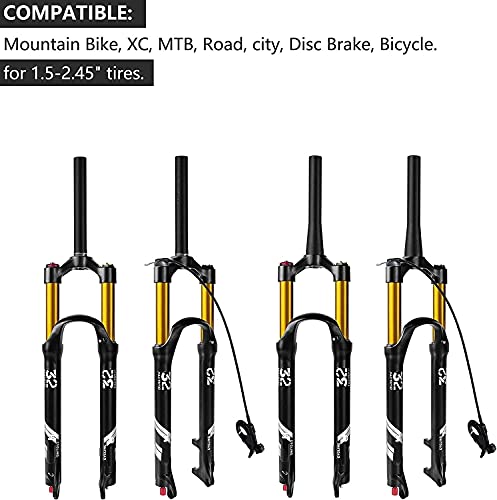 YLXD Horquilla Delantera MTB Aire Viaje 26/27,5/29 Pulgadas, 140 mm, Horquilla Bicicleta montaña Recta/cónica de 1-1/8 Pulgadas, Ajuste Rebote, Freno Disco QR 9 mm A,29