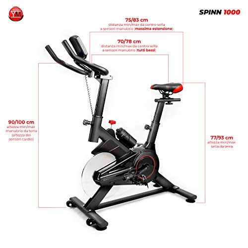 YM BICICLETA DE SPINNING CON DISCO DE INERCIA , sistema silent plus, resistencia regulable, robusta y silenciosa. Manillar triatlon, revestimiento de acero antihumedad.