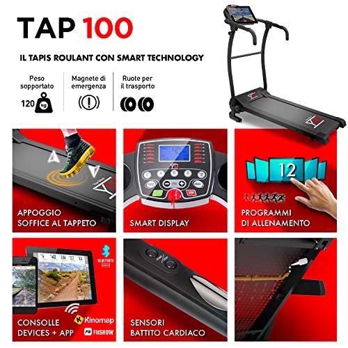 YM TAP100 Cinta De Correr Eléctrica Plegable 10 km/h, Aplicaciòn Compatible Kinomap y Zwift, 12 Programas, Sensor Cardìaco Lubricaciòn Automàtica, Gran Pantalla LCD Digital, 750W (1800W / 2,5HP Pico)