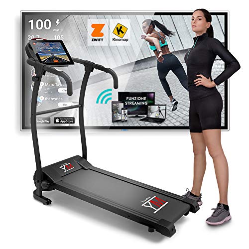 YM TAP100 Cinta De Correr Eléctrica Plegable 10 km/h, Aplicaciòn Compatible Kinomap y Zwift, 12 Programas, Sensor Cardìaco Lubricaciòn Automàtica, Gran Pantalla LCD Digital, 750W (1800W / 2,5HP Pico)