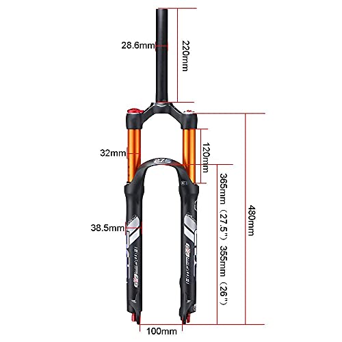 YMSHD 26/27.5"Horquilla Suspensión para Bicicleta Montaña, Doble Cámara Horquilla Suspensión Aire MTB Horquilla Suspensión Neumática Horquilla Suspensión para Bicicleta con Ajuste Amortig