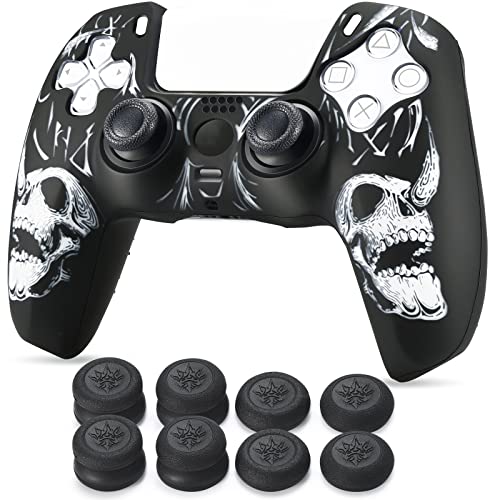 YoRHa Talla Láser Silicona Piel Skin para Mando PS5 x 1 (Blanco) con Agarres para el Pulgar Thumb Grips x 8