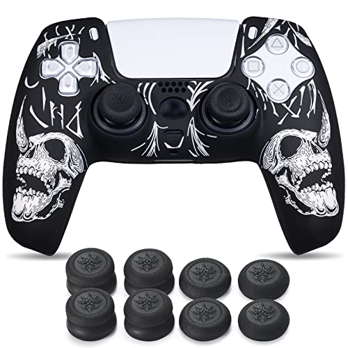 YoRHa Talla Láser Silicona Piel Skin para Mando PS5 x 1 (Blanco) con Agarres para el Pulgar Thumb Grips x 8