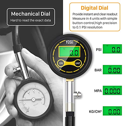 YOSH Manometro Presion Neumaticos, 200 PSI Manometro Presion Neumaticos, Medidor de Presion Digitales para la Mayoría de Vehículos para SUV, Motocicletas y más