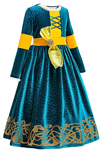 YOSICIL Vestido Princesa Disfraz Merida Brave Niña Merida Cosplay Costume Traje Manga Larga Fiesta Halloween Carnaval Navidad 3-9 años, Patrón de Bosque,Azul Oscuro A,150