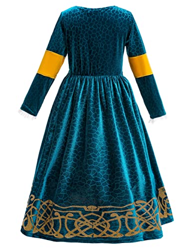 YOSICIL Vestido Princesa Disfraz Merida Brave Niña Merida Cosplay Costume Traje Manga Larga Fiesta Halloween Carnaval Navidad 3-9 años, Patrón de Bosque,Azul Oscuro A,150