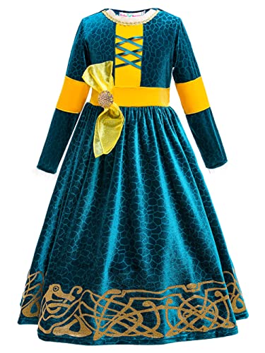 YOSICIL Vestido Princesa Disfraz Merida Brave Niña Merida Cosplay Costume Traje Manga Larga Fiesta Halloween Carnaval Navidad 3-9 años, Patrón de Bosque,Azul Oscuro A,150