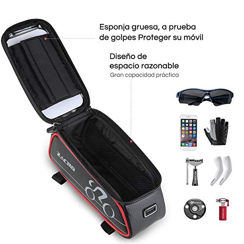 Zacro Bolsa Bicicleta Manillar,Soporte Bolsa Táctil Bicicleta Impermeable,Gran Capacidad para Bici y de Cremallera Doble Viseras para Moviles Debajo de 6 Inches