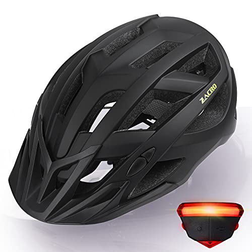 Zacro Casco Bicicleta Montaña MTB - Adulto Cascos Ciclismo con Luz Trasera Recargable y Visera Solar Desmontable, Unisex Casco de Bicicleta Seguridad Superligero Ajustable con Certificado CE, Mate