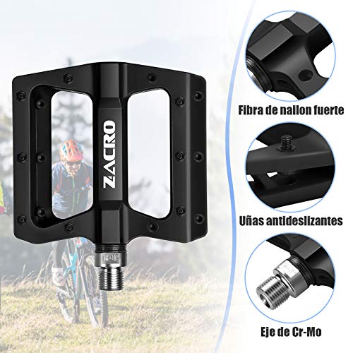 Zacro Pedales Bicicleta MTB de Montaña Ligeros, Pedales Bicicletas Montaña de Nylon Antideslizante Durable con 2 cojinetes, para Universal Bicicleta de Carretera BMX MTB Road Bici 9/16 Pulgadas -Negro