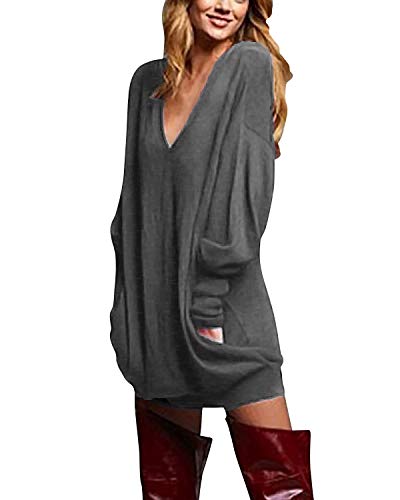 ZANZEA Mujer Jersey de Punto Largos Cuello V Manga Larga Otoño Vestidos Sudadera Casual Tallas Grandes Suéter Suelta Gris Oscuro S