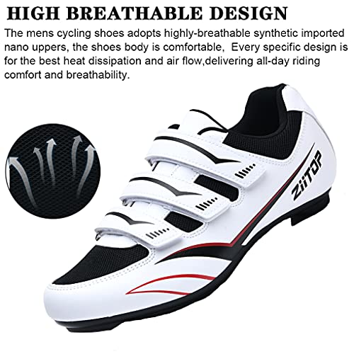 Zapatilla de Ciclismo MTB Hombre para Carretera y Montaña Calzado de Ciclismo para Hombre Antideslizantes Ligera Triple Tira de Gancho y Bucle Blanco,44 EU