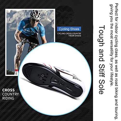 Zapatilla de Ciclismo MTB Hombre para Carretera y Montaña Calzado de Ciclismo para Hombre Antideslizantes Ligera Triple Tira de Gancho y Bucle Blanco,44 EU