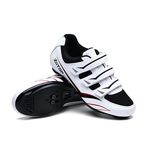 Zapatilla de Ciclismo MTB Hombre para Carretera y Montaña Calzado de Ciclismo para Hombre Antideslizantes Ligera Triple Tira de Gancho y Bucle Blanco,44 EU