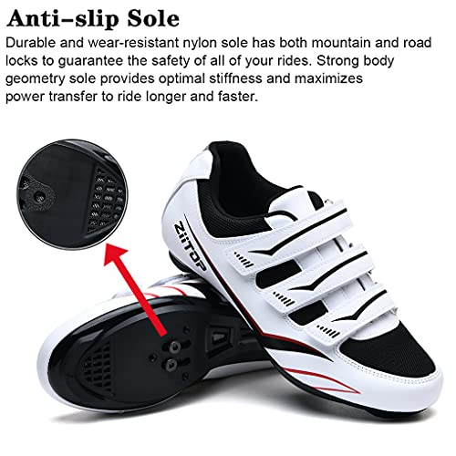 Zapatilla de Ciclismo MTB Hombre para Carretera y Montaña Calzado de Ciclismo para Hombre Antideslizantes Ligera Triple Tira de Gancho y Bucle Blanco,44 EU