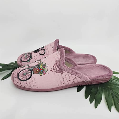 Zapatillas Casa Mujer Fantasía Invierno | Chinela Juvenil Dibujos Plana Abiertas y de Calidad Hechas en España - Antideslizante (Gato Bicicleta, Numeric_37)