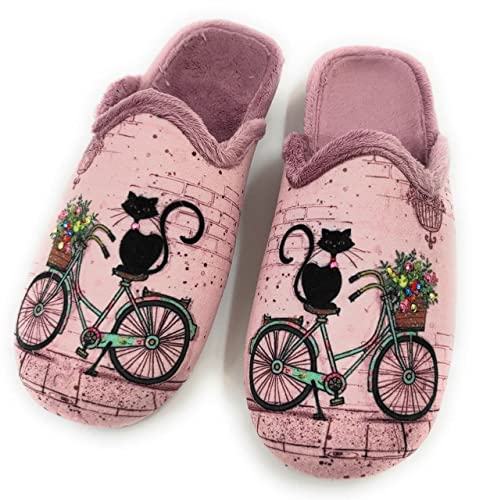 Zapatillas Casa Mujer Fantasía Invierno | Chinela Juvenil Dibujos Plana Abiertas y de Calidad Hechas en España - Antideslizante (Gato Bicicleta, Numeric_37)