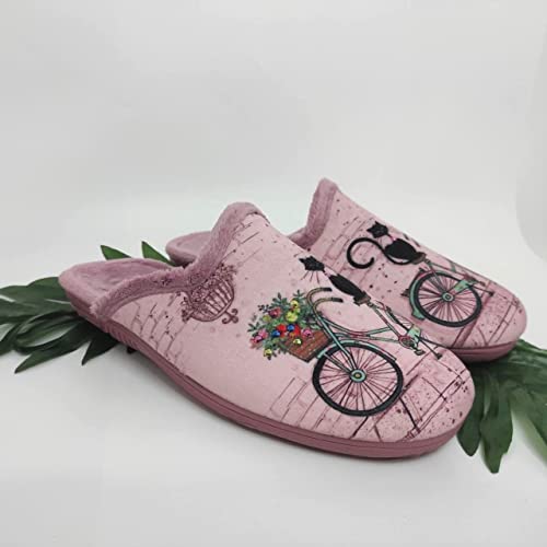 Zapatillas Casa Mujer Fantasía Invierno | Chinela Juvenil Dibujos Plana Abiertas y de Calidad Hechas en España - Antideslizante (Gato Bicicleta, Numeric_37)