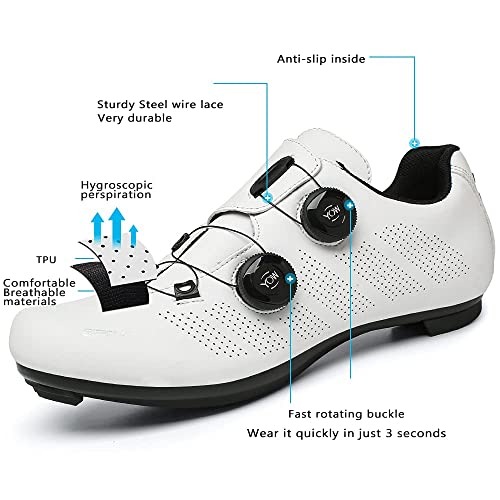 Zapatillas Ciclismo Carretera Hombre Bicicleta Carretera MTB Tacos Respirables calas Pedales Mountain Interior Zapatillas de Ciclismo (Blanco, Numeric_44)