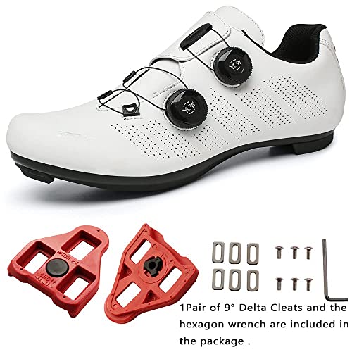 Zapatillas Ciclismo Carretera Hombre Bicicleta Carretera MTB Tacos Respirables calas Pedales Mountain Interior Zapatillas de Ciclismo (Blanco, Numeric_44)