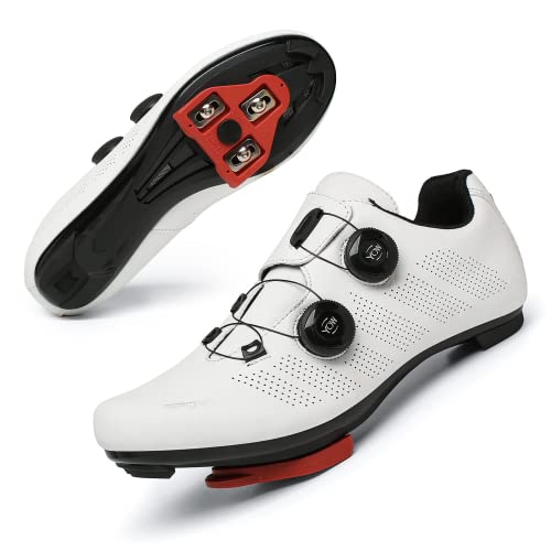 Zapatillas Ciclismo Carretera Hombre Bicicleta Carretera MTB Tacos Respirables calas Pedales Mountain Interior Zapatillas de Ciclismo (Blanco, Numeric_44)